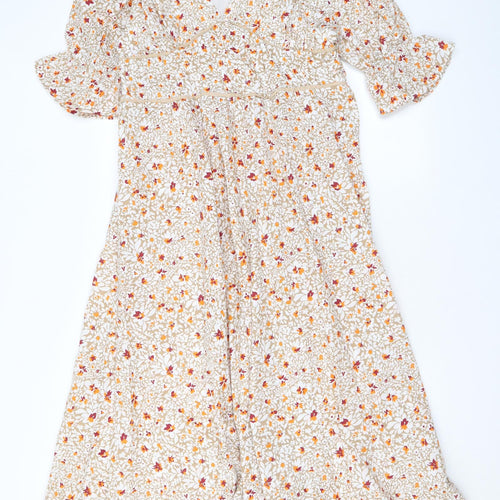 Reyon Womens Beige Floral Viscose A-Line Size L V-Neck Zip