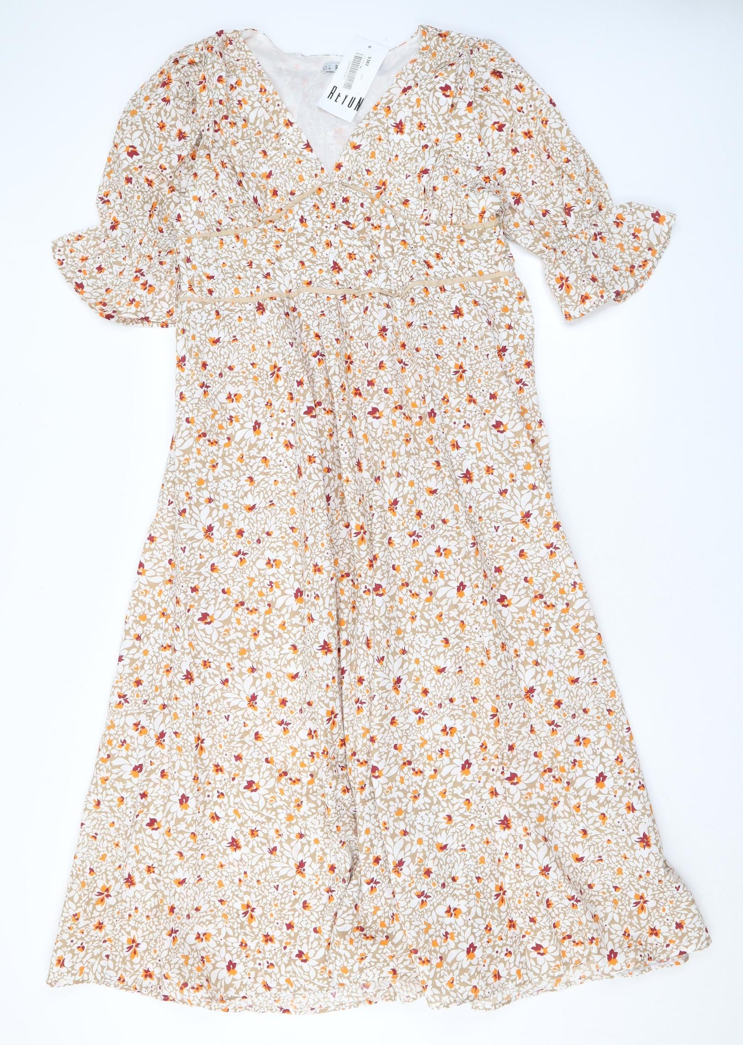 Reyon Womens Beige Floral Viscose A-Line Size L V-Neck Zip