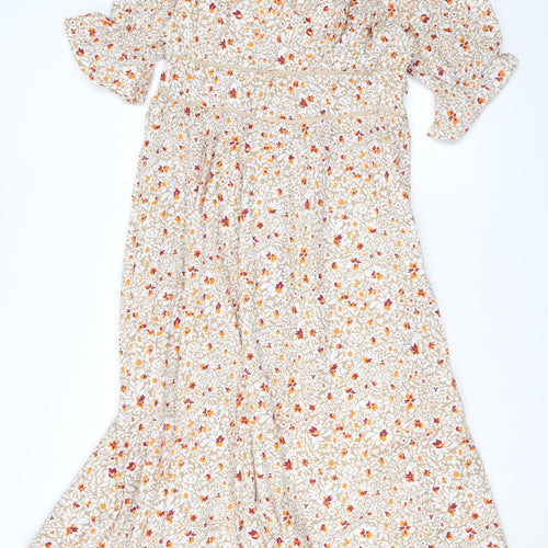Reyon Womens Beige Floral Viscose A-Line Size L V-Neck Zip