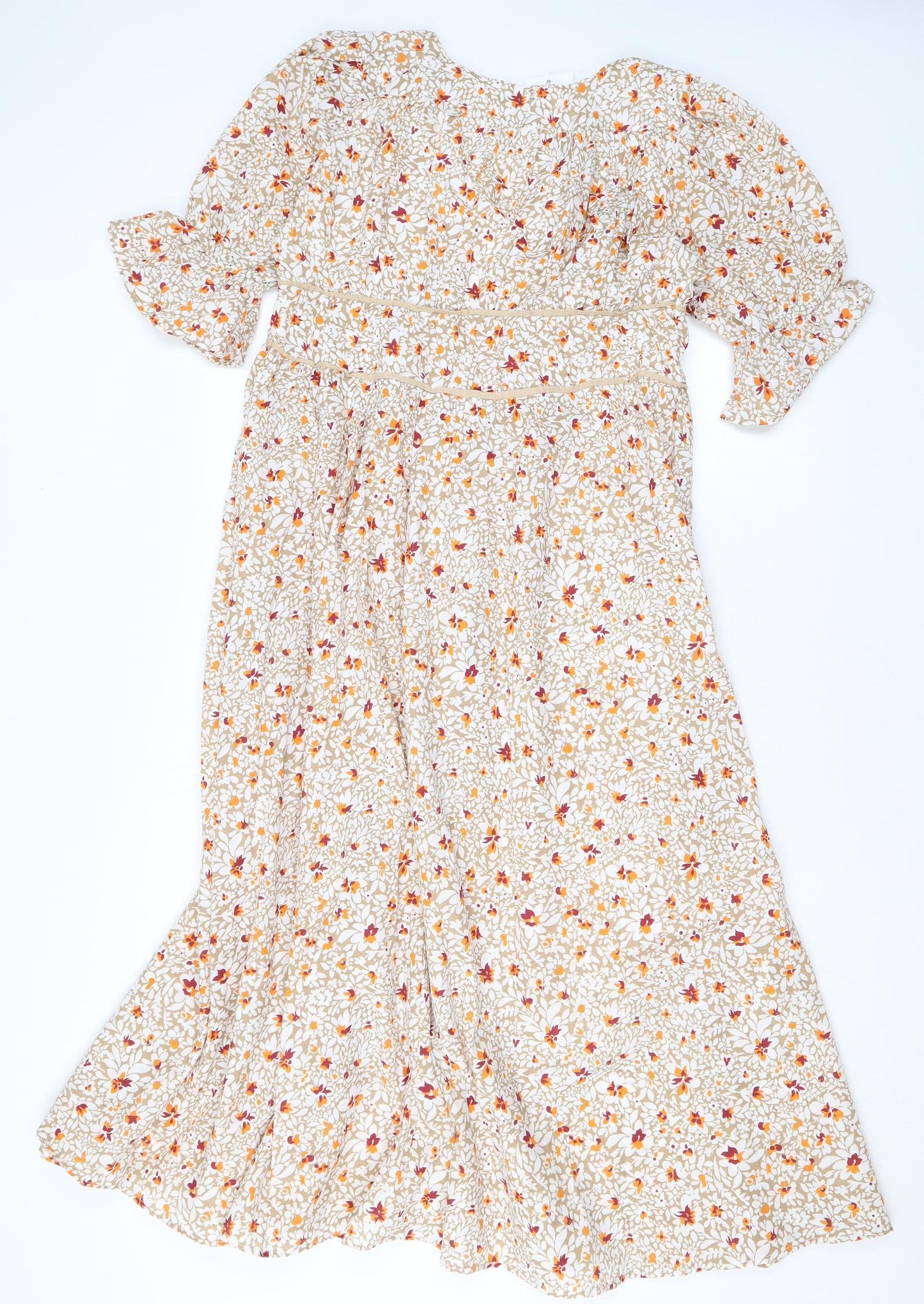 Reyon Womens Beige Floral Viscose A-Line Size L V-Neck Zip