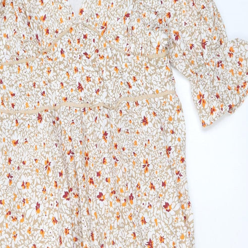 Reyon Womens Beige Floral Viscose A-Line Size L V-Neck Zip