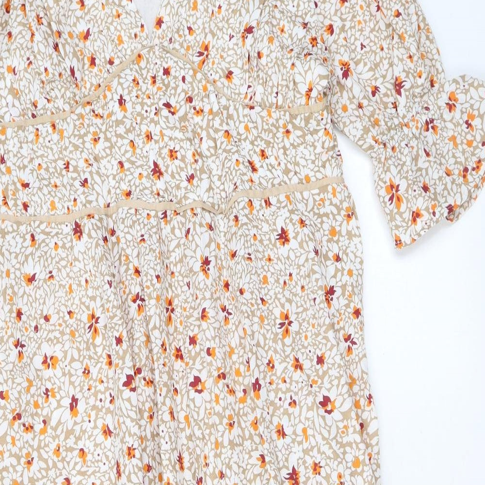 Reyon Womens Beige Floral Viscose A-Line Size L V-Neck Zip