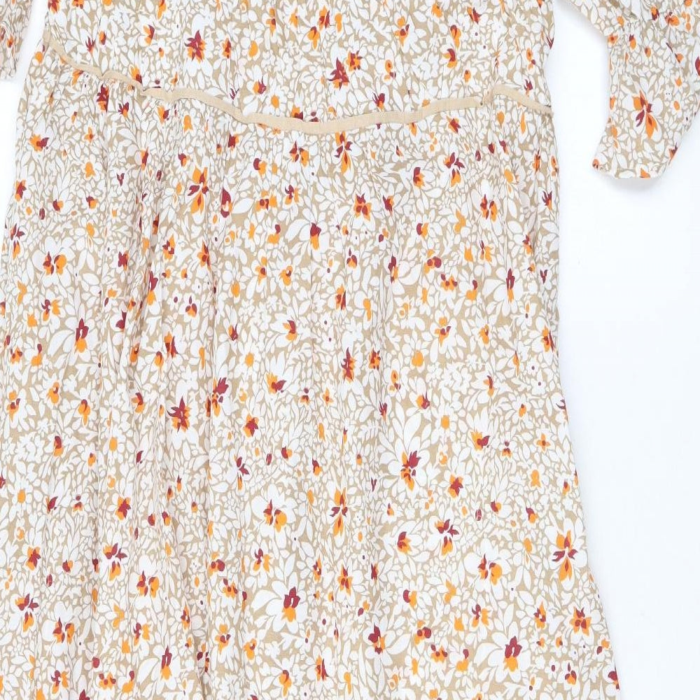 Reyon Womens Beige Floral Viscose A-Line Size L V-Neck Zip
