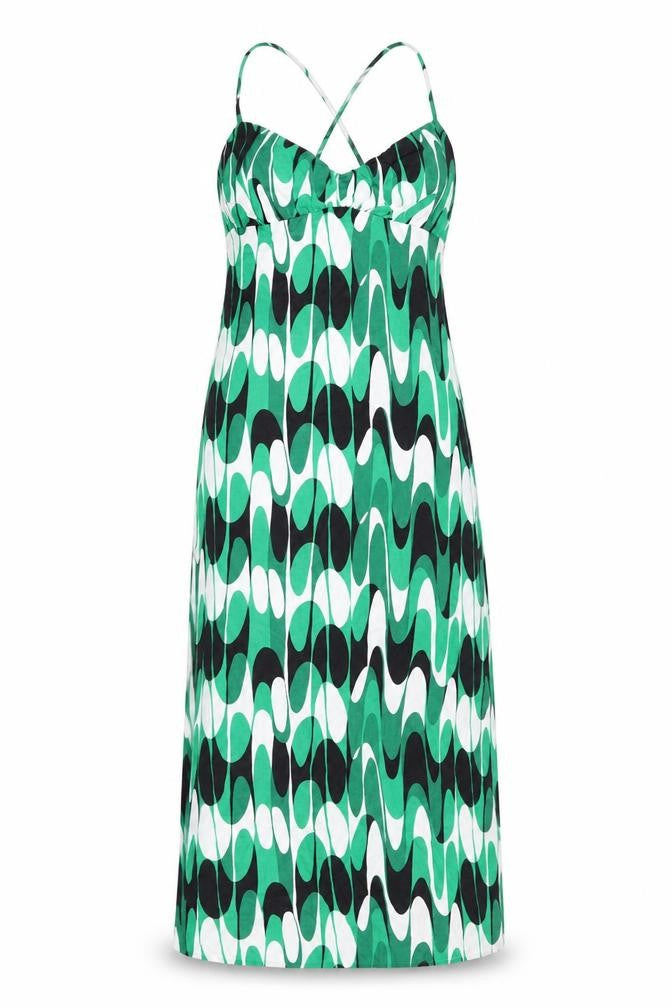 Front view of Zara women’s green geometric viscose maxi, size L, v-neck zip
