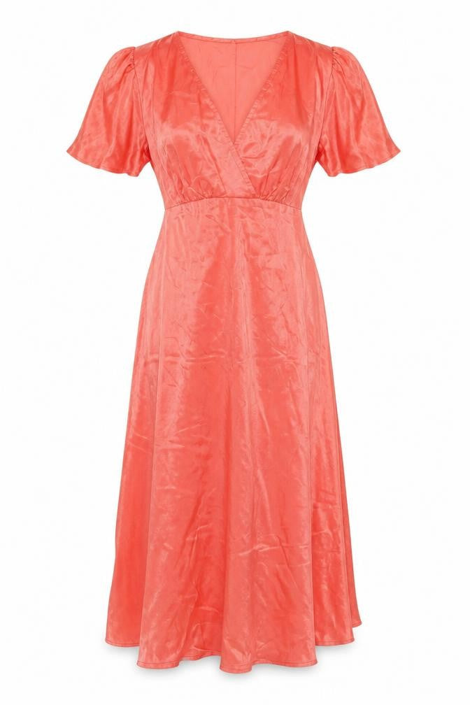 Front view of Marks & Spencer women’s orange viscose maxi, size UK 12, v-neck pullover