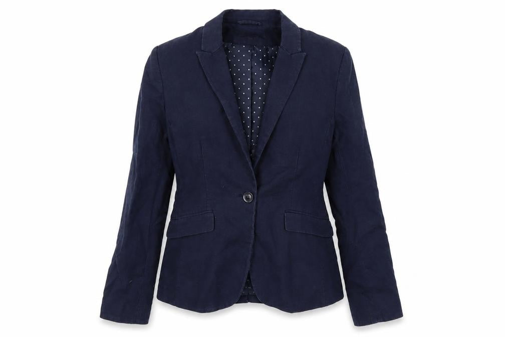 Front view of H&M women’s blue linen jacket blazer, size UK 10