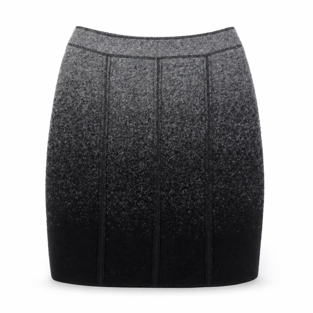 Front view of Clements Ribeiro women’s black wool a-line skirt, size UK 12, zip