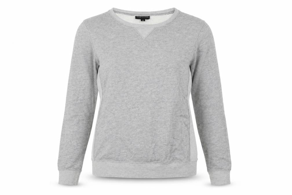 Front view of Topshop women’s grey cotton pullover sweatshirt, size UK 10, pullover