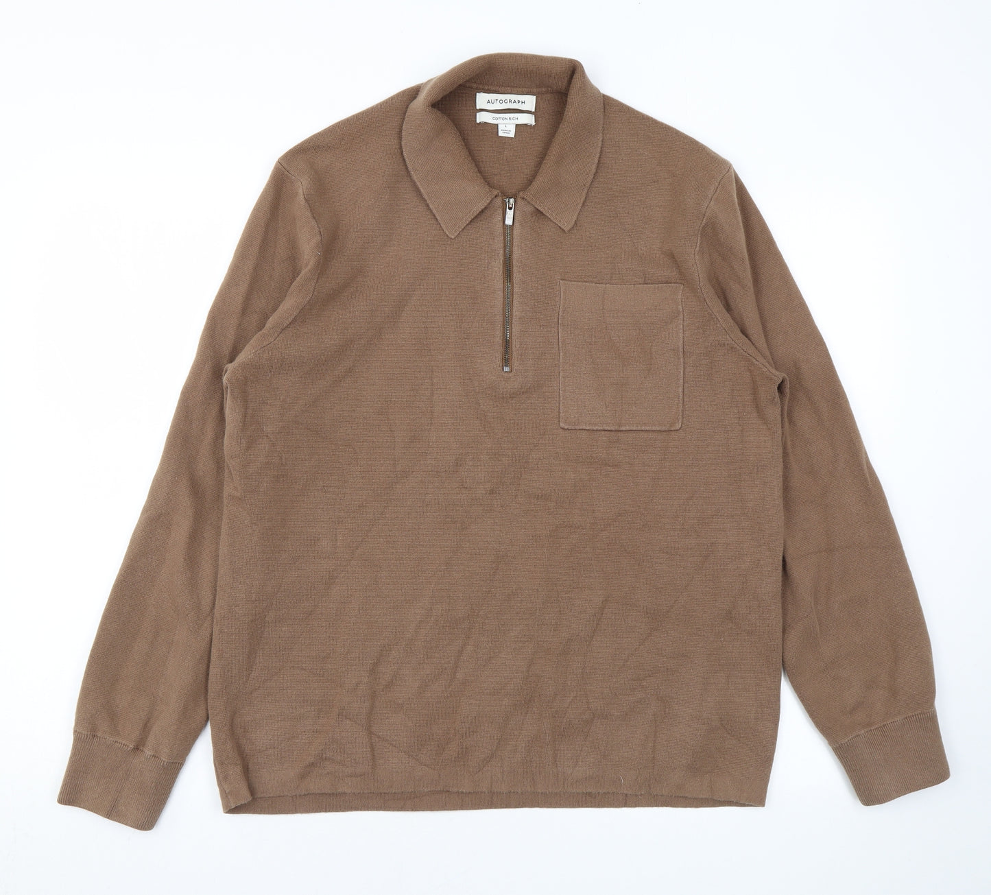 Autograph Mens Brown Cotton Polo Size L Collared Zip