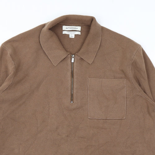 Autograph Mens Brown Cotton Polo Size L Collared Zip