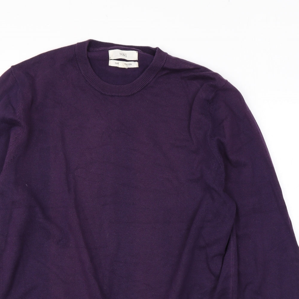 Marks and Spencer Mens Purple Round Neck Cotton Pullover Jumper Size M Long Sleeve