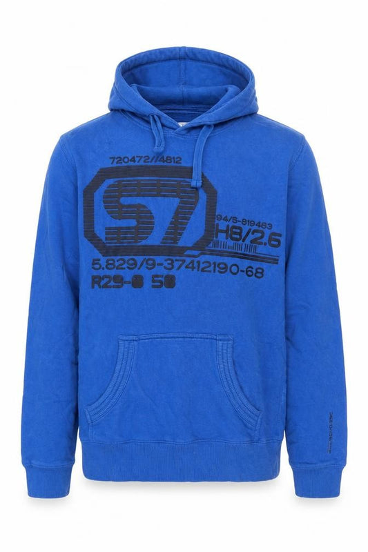 Front view of Burton men’s blue cotton pullover hoodie, size S