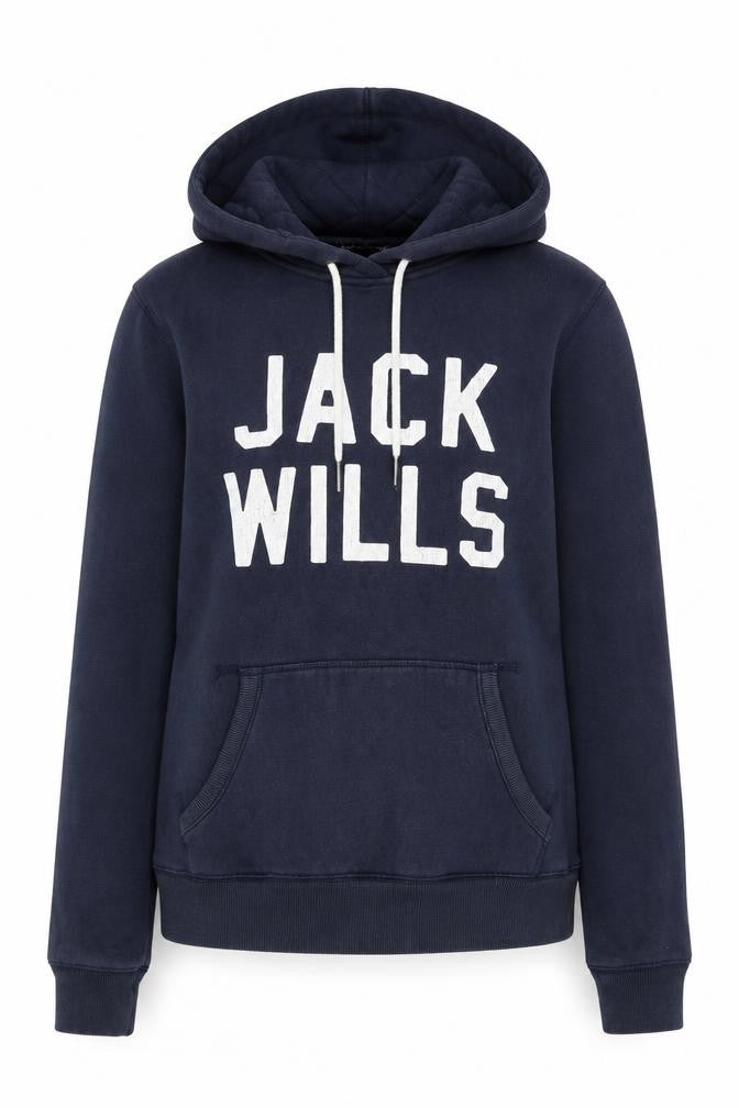 Front view of Jack Wills women’s blue cotton pullover hoodie, size UK 6, pullover