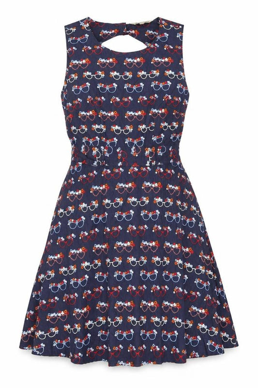Front view of Yumi women’s blue geometric cotton a-line, size UK 12, round neck zip - sunglasses pattern