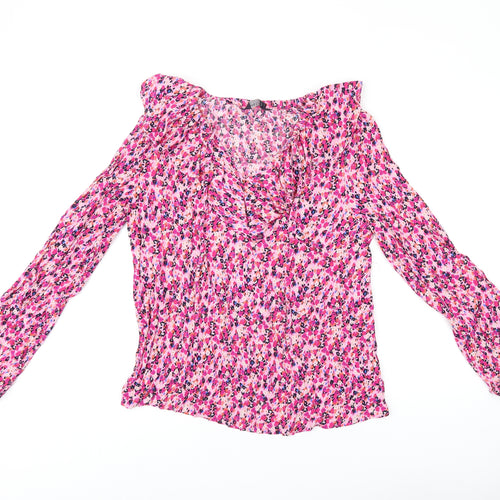 Marks and Spencer Womens Pink Floral Viscose Basic T-Shirt Size 8 V-Neck
