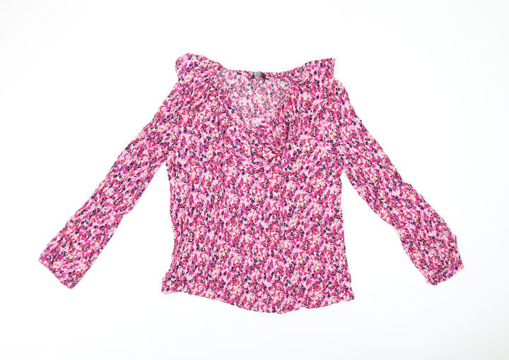 Marks and Spencer Womens Pink Floral Viscose Basic T-Shirt Size 8 V-Neck