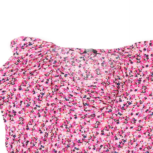 Marks and Spencer Womens Pink Floral Viscose Basic T-Shirt Size 8 V-Neck