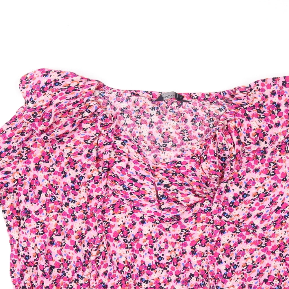 Marks and Spencer Womens Pink Floral Viscose Basic T-Shirt Size 8 V-Neck