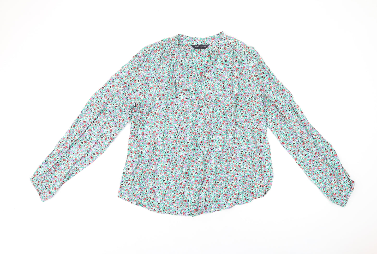 Marks and Spencer Womens Green Floral Viscose Basic T-Shirt Size 10 V-Neck
