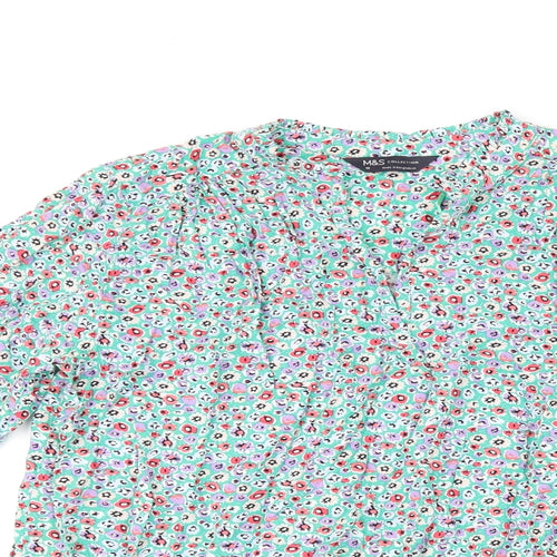 Marks and Spencer Womens Green Floral Viscose Basic T-Shirt Size 10 V-Neck