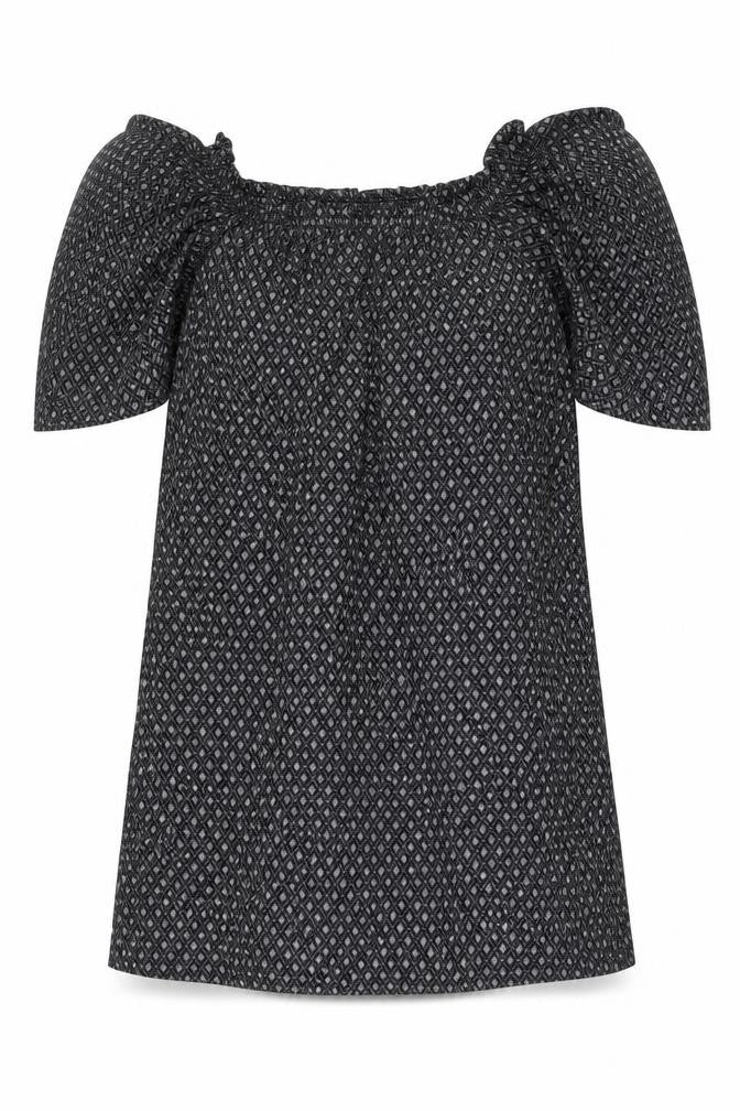 Front view of H&M women’s black geometric polyester shift, size S, off the shoulder pullover