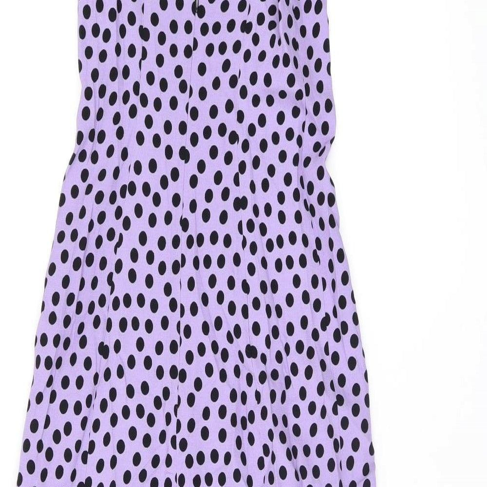 Zara Womens Purple Polka Dot Viscose Shift Size XS Square Neck Zip - Split Hem