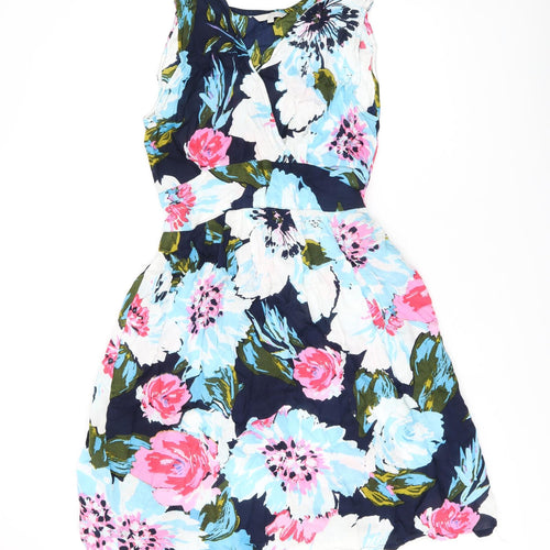 PEBBLE BAY Womens Blue Floral Viscose A-Line Size L V-Neck Pullover