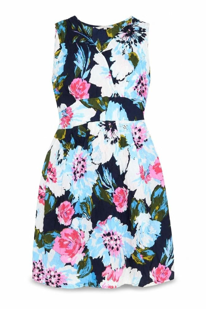 Front view of Pebble Bay women’s blue floral viscose a-line, size L, v-neck pullover