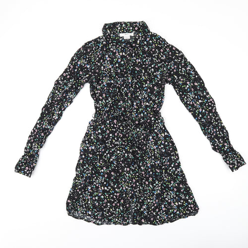 &Et Womens Black Floral Viscose Shirt Dress Size 8 Collared Button