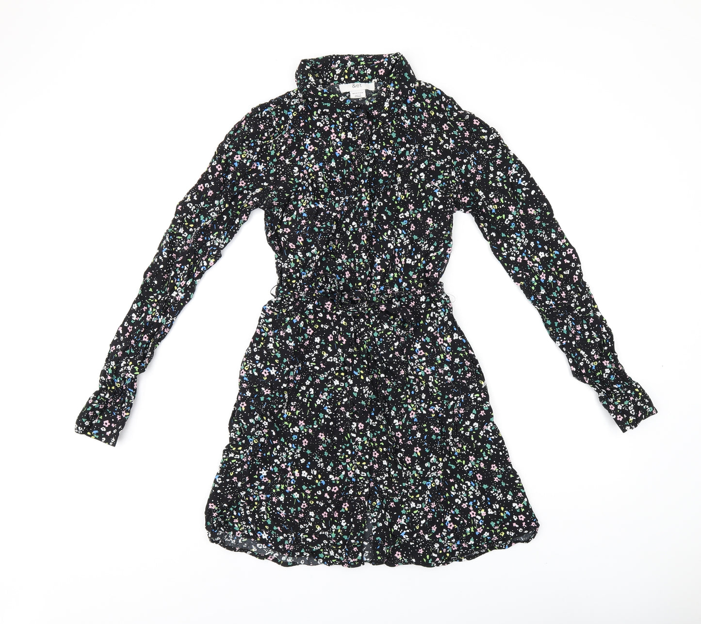 &Et Womens Black Floral Viscose Shirt Dress Size 8 Collared Button