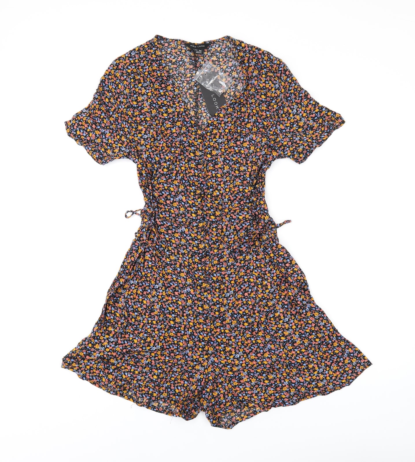 New Look Womens Black Floral Viscose Playsuit One-Piece Size 10 Button