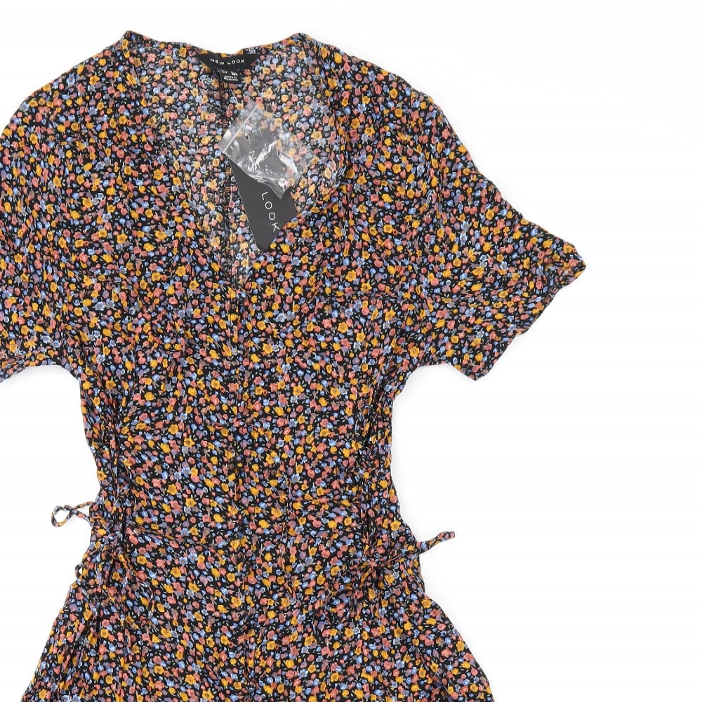 New Look Womens Black Floral Viscose Playsuit One-Piece Size 10 Button
