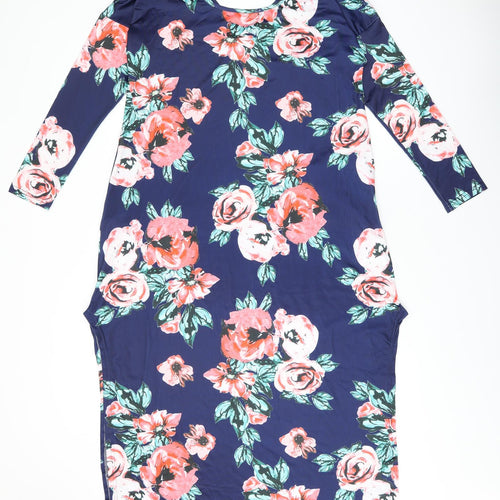 Isassy Womens Blue Floral Polyester Shift Size L Round Neck Pullover - Split Hem
