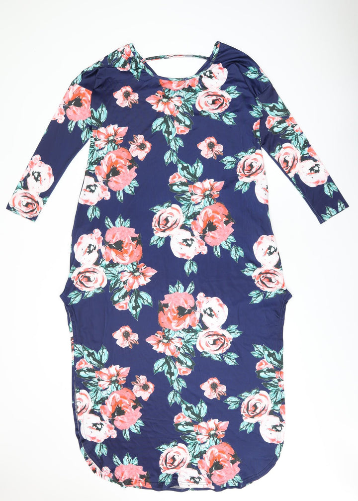 Isassy Womens Blue Floral Polyester Shift Size L Round Neck Pullover - Split Hem