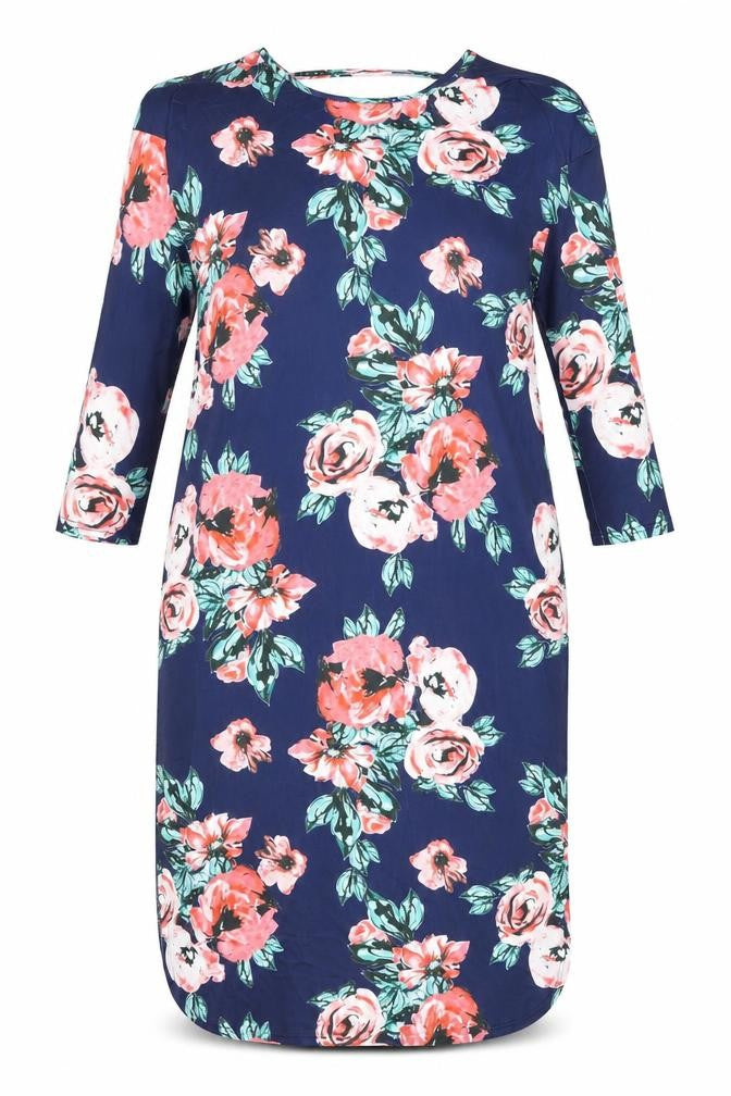 Front view of Isassy women’s blue floral polyester shift, size L, round neck pullover - split hem