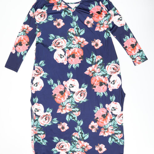 Isassy Womens Blue Floral Polyester Shift Size L Round Neck Pullover - Split Hem