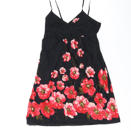 Pussycat London Womens Black Floral Cotton Mini Size 10 V-Neck Pullover