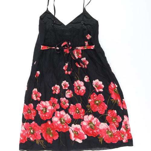 Pussycat London Womens Black Floral Cotton Mini Size 10 V-Neck Pullover