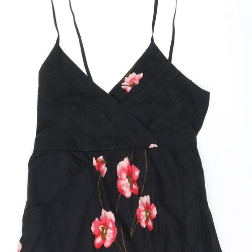 Pussycat London Womens Black Floral Cotton Mini Size 10 V-Neck Pullover