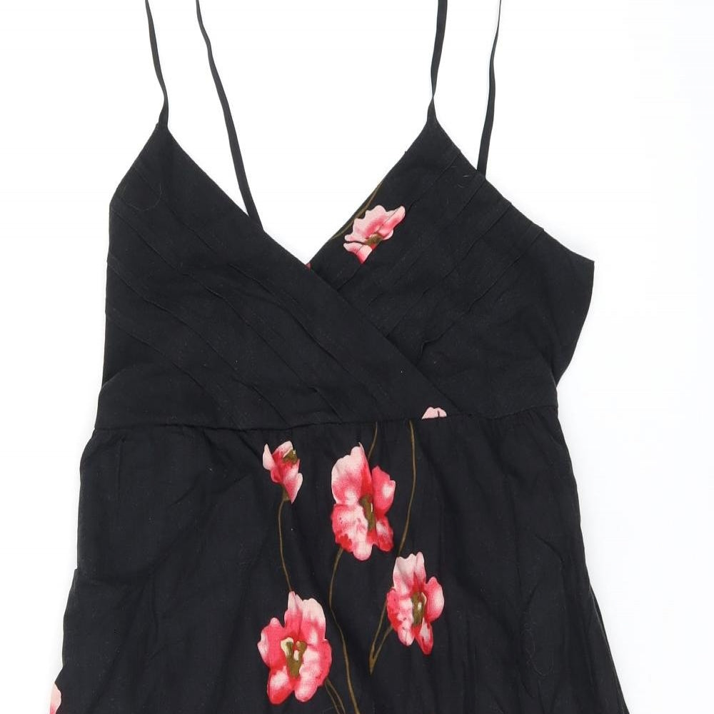 Pussycat London Womens Black Floral Cotton Mini Size 10 V-Neck Pullover