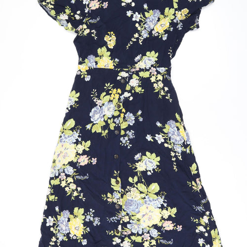 Warehouse Womens Blue Floral Viscose A-Line Size 12 Round Neck Button