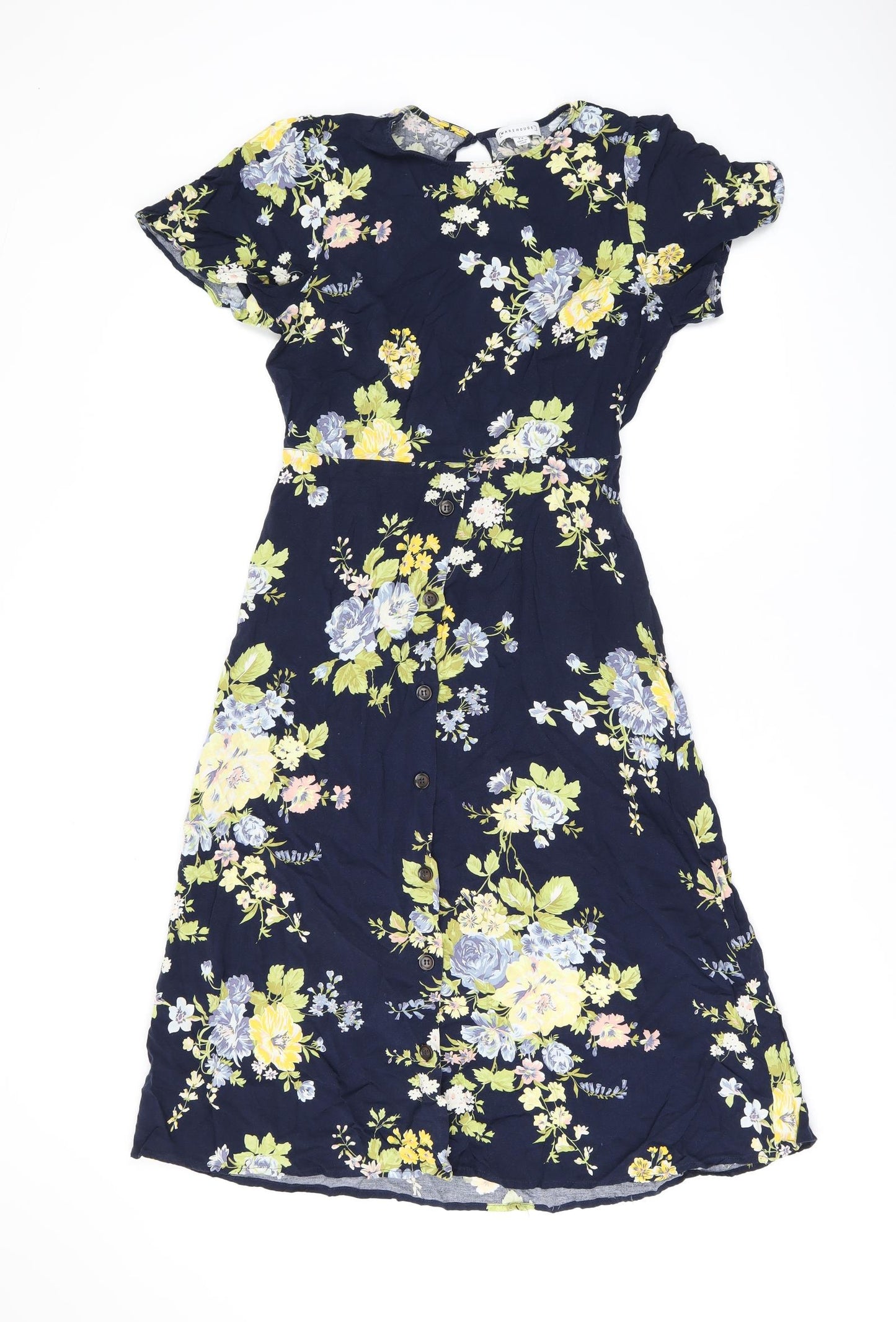 Warehouse Womens Blue Floral Viscose A-Line Size 12 Round Neck Button