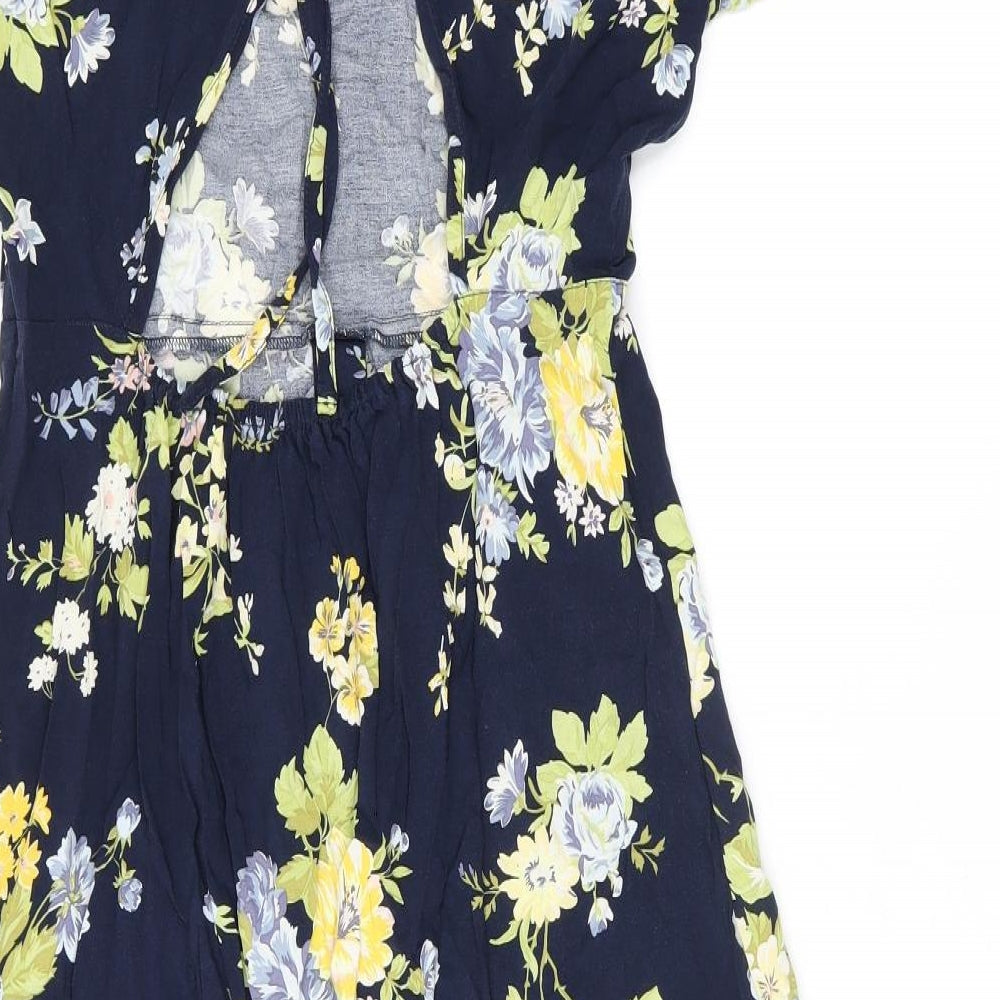 Warehouse Womens Blue Floral Viscose A-Line Size 12 Round Neck Button