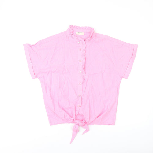 Free/Quent Womens Pink Linen Basic Button-Up Size S Round Neck