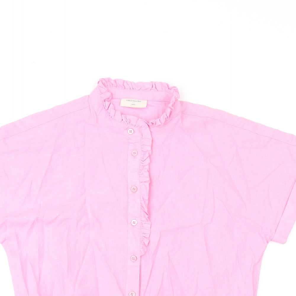 Free/Quent Womens Pink Linen Basic Button-Up Size S Round Neck