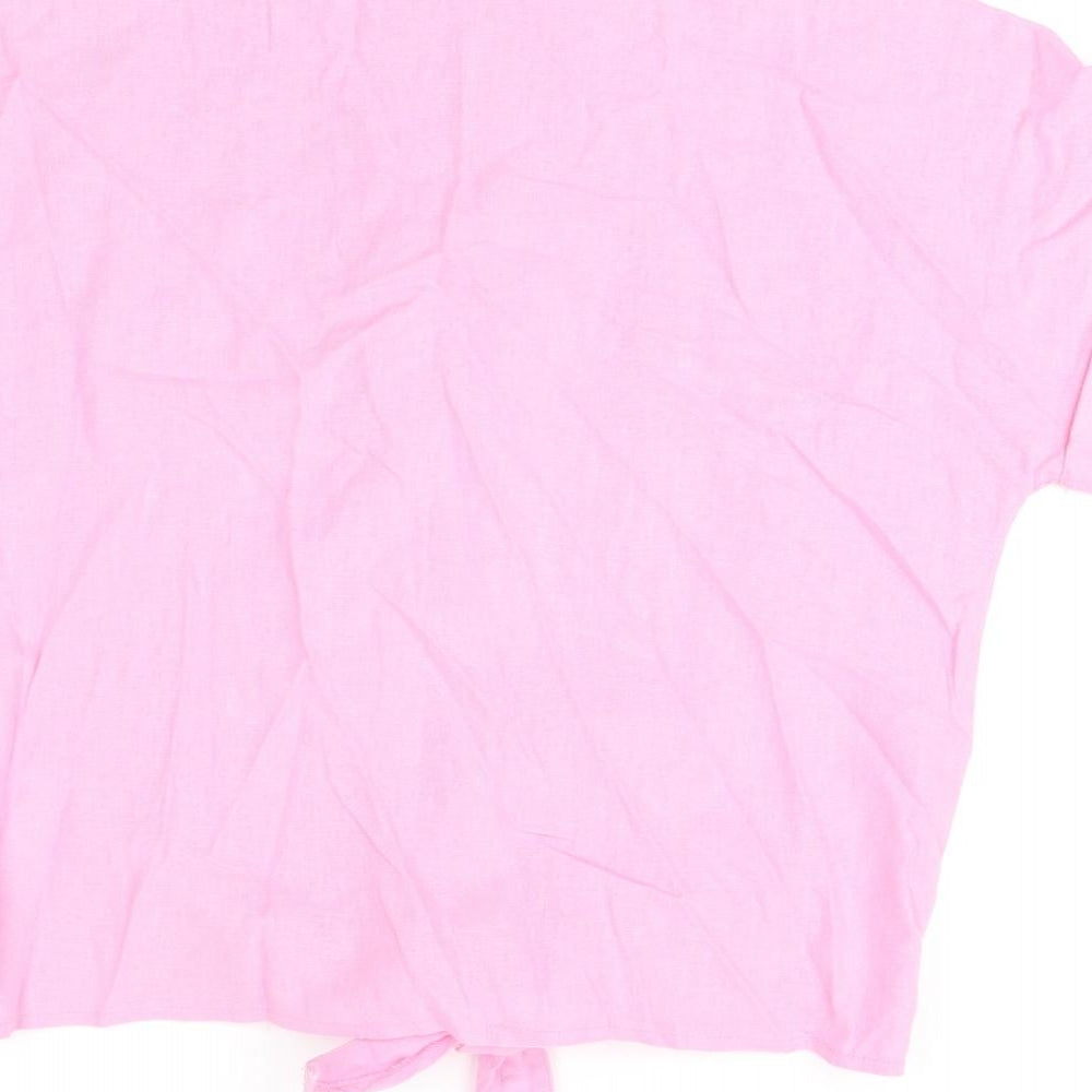 Free/Quent Womens Pink Linen Basic Button-Up Size S Round Neck