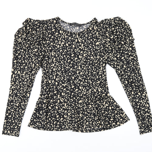 Dorothy Perkins Womens Black Animal Print Polyester Basic T-Shirt Size 8 Round Neck
