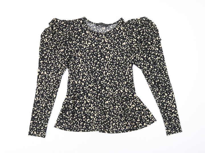 Dorothy Perkins Womens Black Animal Print Polyester Basic T-Shirt Size 8 Round Neck