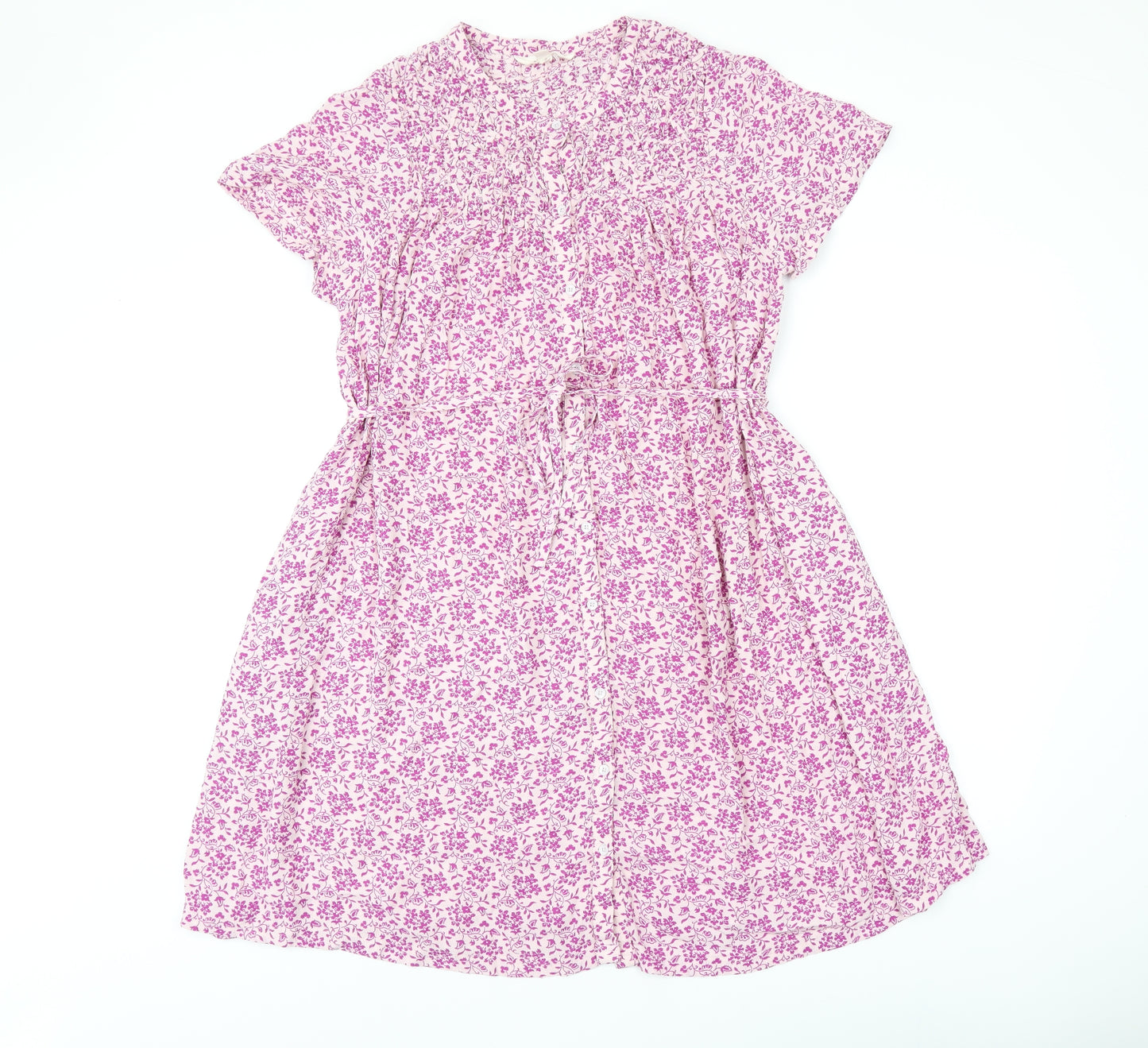 Per Una Womens Pink Floral Viscose A-Line Size 12 V-Neck Button