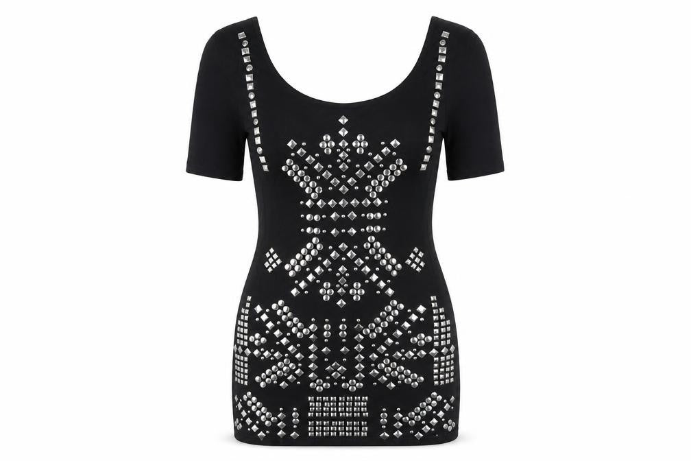 Front view of ASOS women’s black viscose bodycon, size UK 8, scoop neck pullover